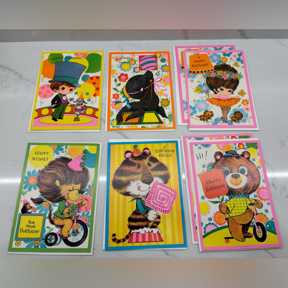 Lot of 8 Vintage Fluorescent Circus Birthday Cards with Games Inside Envelopes